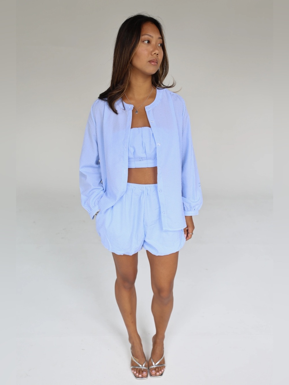 🆕 Light Blue Oversized Gingham Collarless Button Up Blouse - Picture 2 of 9